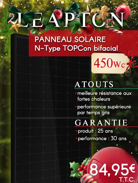 Panneau solaire N-Type TOPCon bifacial 450Wc.Tension circuit ouvert : 39.68 V, puissance max : 32.87 V. Garantie produit : 25 ans, performance : 30 ans. Au prix de 84.95€ T.T.C.